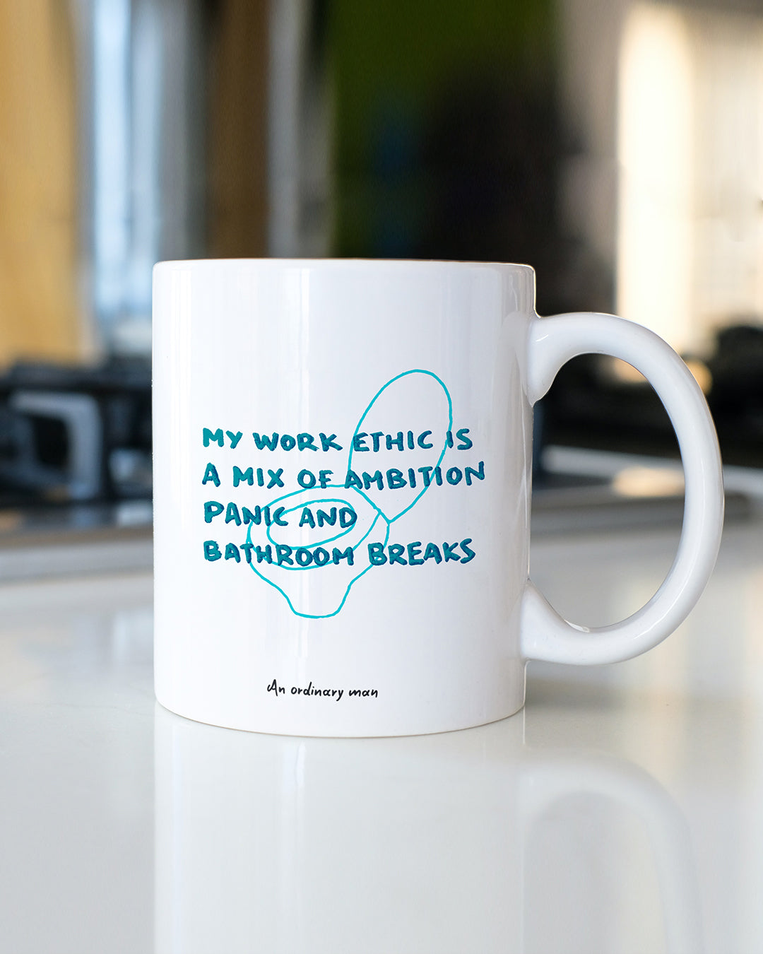White Glossy Mug - My Work Ethic Is A Mix Of Ambition, Panic And Bathroom Breaks